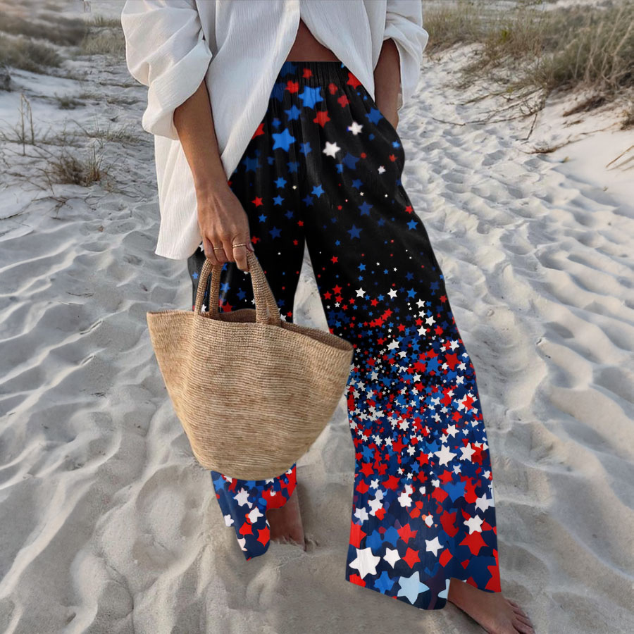 Women'S Patriotic Star Independence Day Commemorative Printed Elastic Waist Loose Pocket Casual Pants