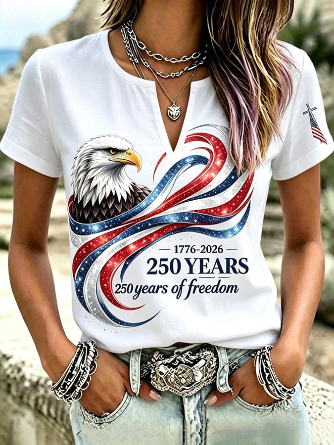 Women's Casual Short-Sleeve T-Shirt with USA 250th Anniversary Print