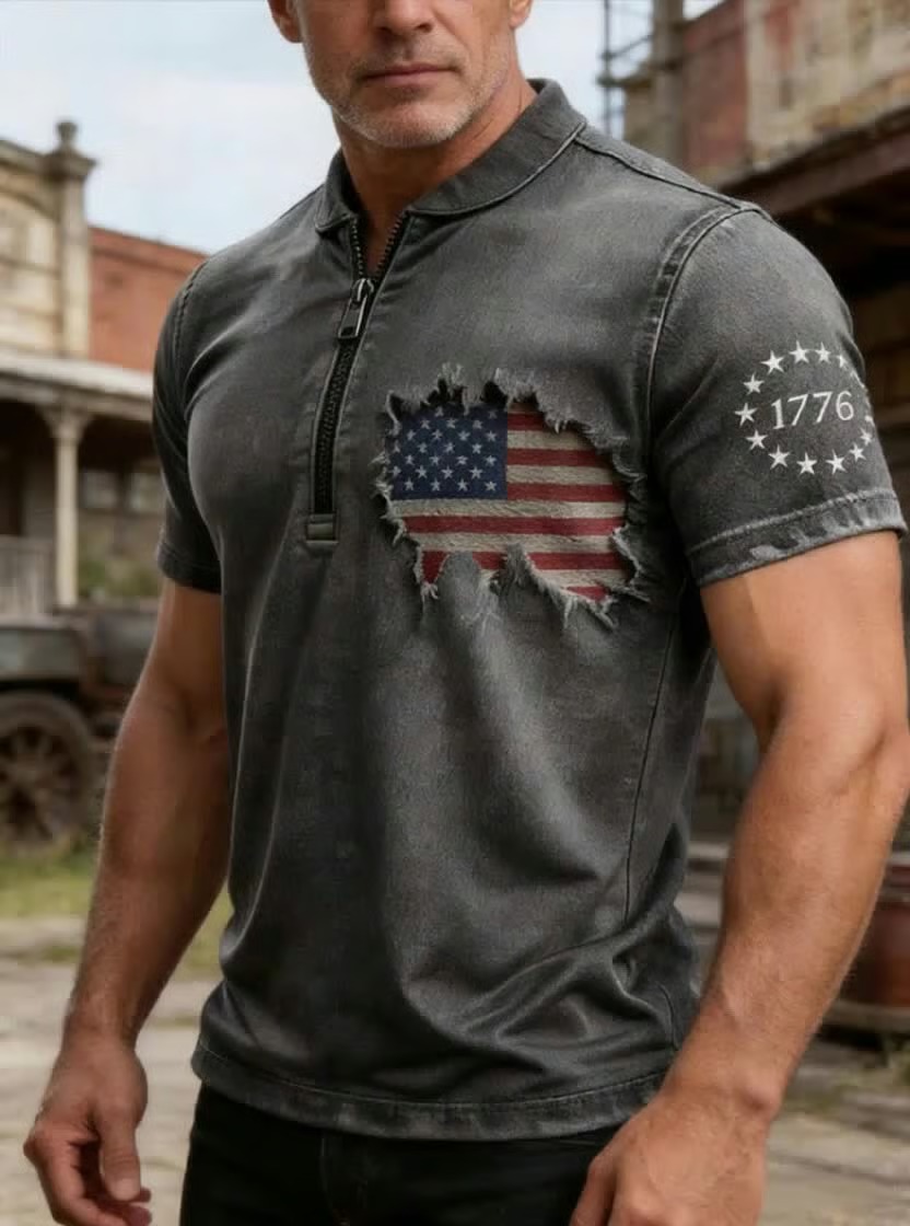 Men's Retro 100% Cotton Washed Broken American Flag Zipper T-shirt
