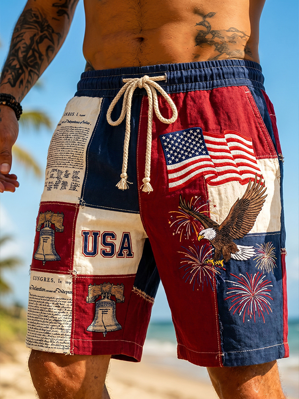 Men's USA Anniversary National Flag And Eagle Art Print Casual Shorts