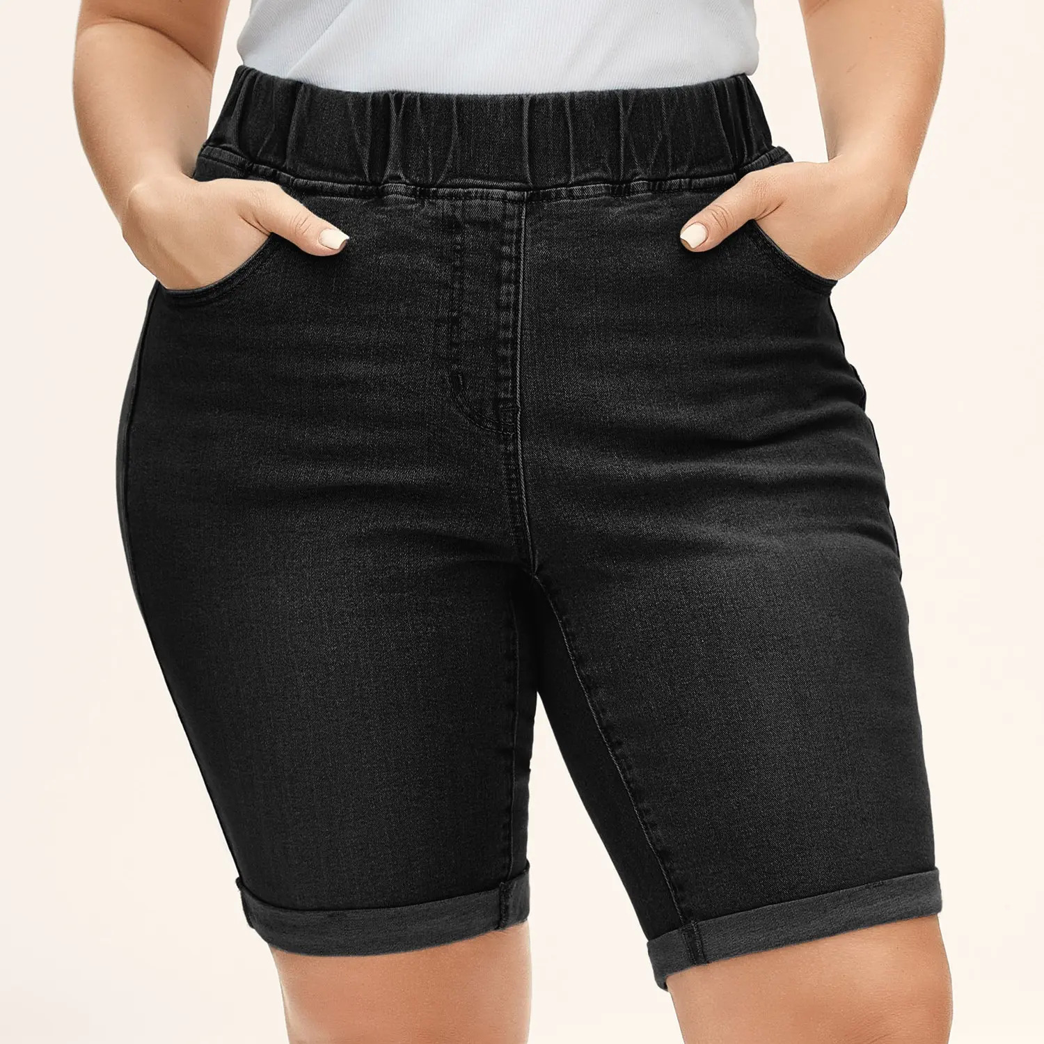 Plus-size high-waisted stretch denim shorts