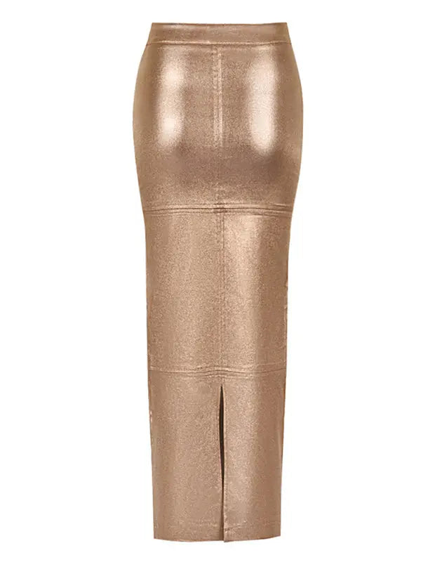 Spliced Slit Slim Fit PU Leather Maxi Skirt - xelpri