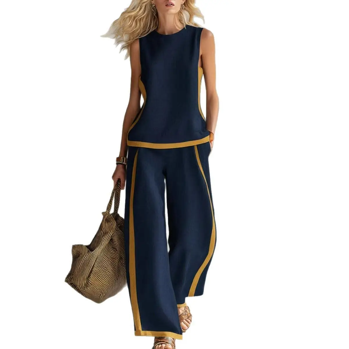 2026 Blend Two Piece Set for Women Sleeveless Color Block Top Wide Leg Pants Set Casual Summer Outfit