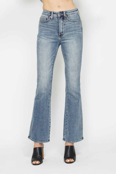 Blue Full Size Tummy Control Back Embroidered Pocketed Bootcut Jeans - Multiple Lengths