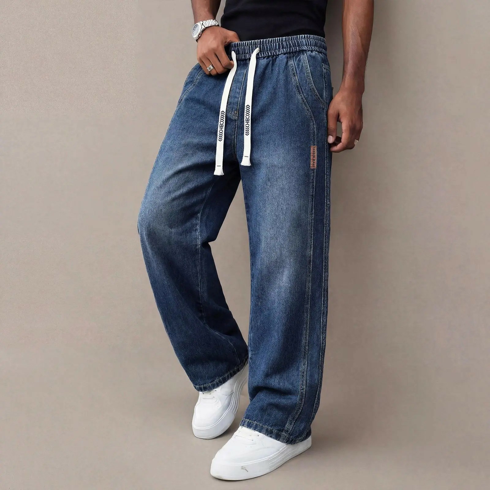Men's Stretch Straight-Leg Denim Jeans – Vintage Wash Drawstring Casual Pants