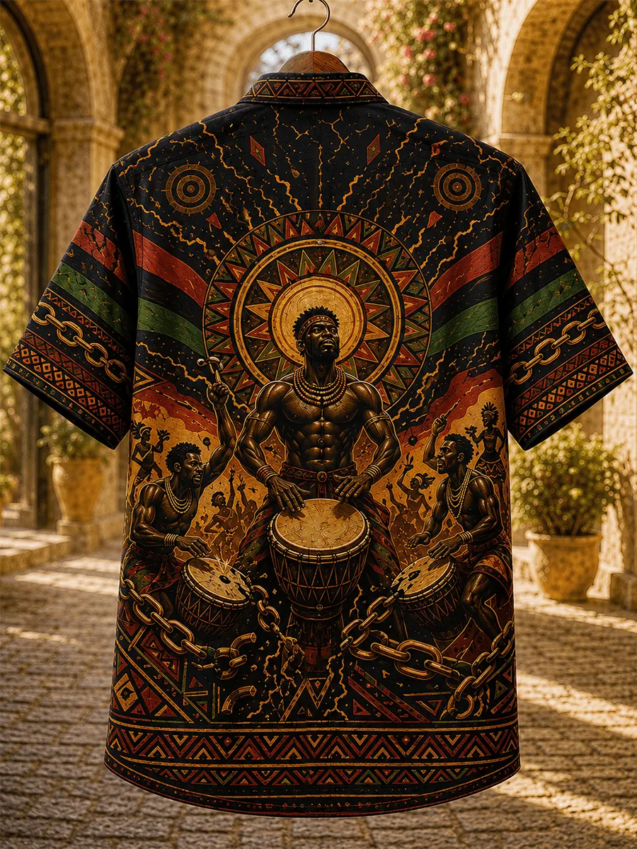 Short-sleeved shirt with an all-over print themed around traditional African drum and dance culture.