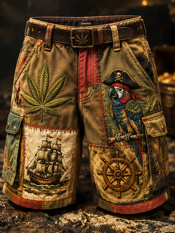 Men's Parrot Leaf Boat Hippie Dark Art Print Casual Shorts