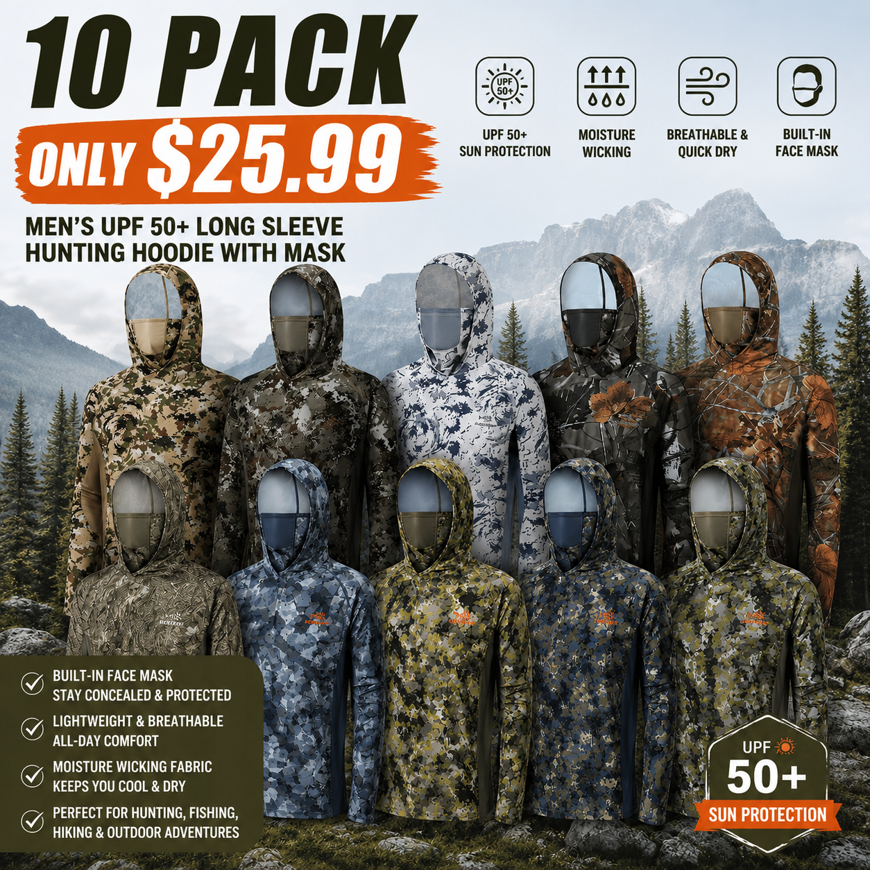 Men’s UPF 50+ Long Sleeve Fishing Hoodie with UV Neck Gaiter