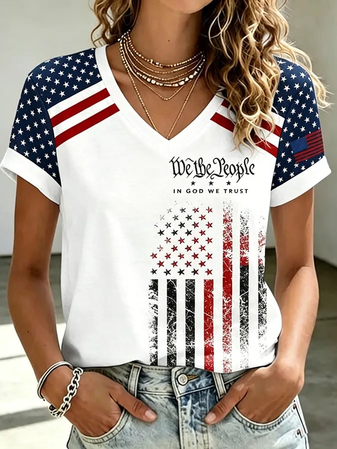 Women's We The People In God We Trust Print V Neck T-shirt