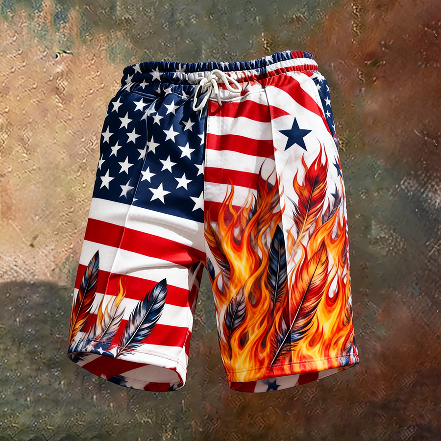 Men's American Flag Flame Feather Print Drawstring Casual Shorts