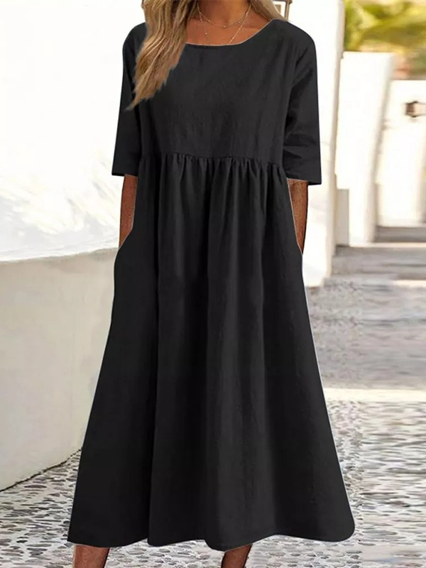Pleated Pockets Solid Color A-Line Half Sleeves Round-Neck Midi Dresses