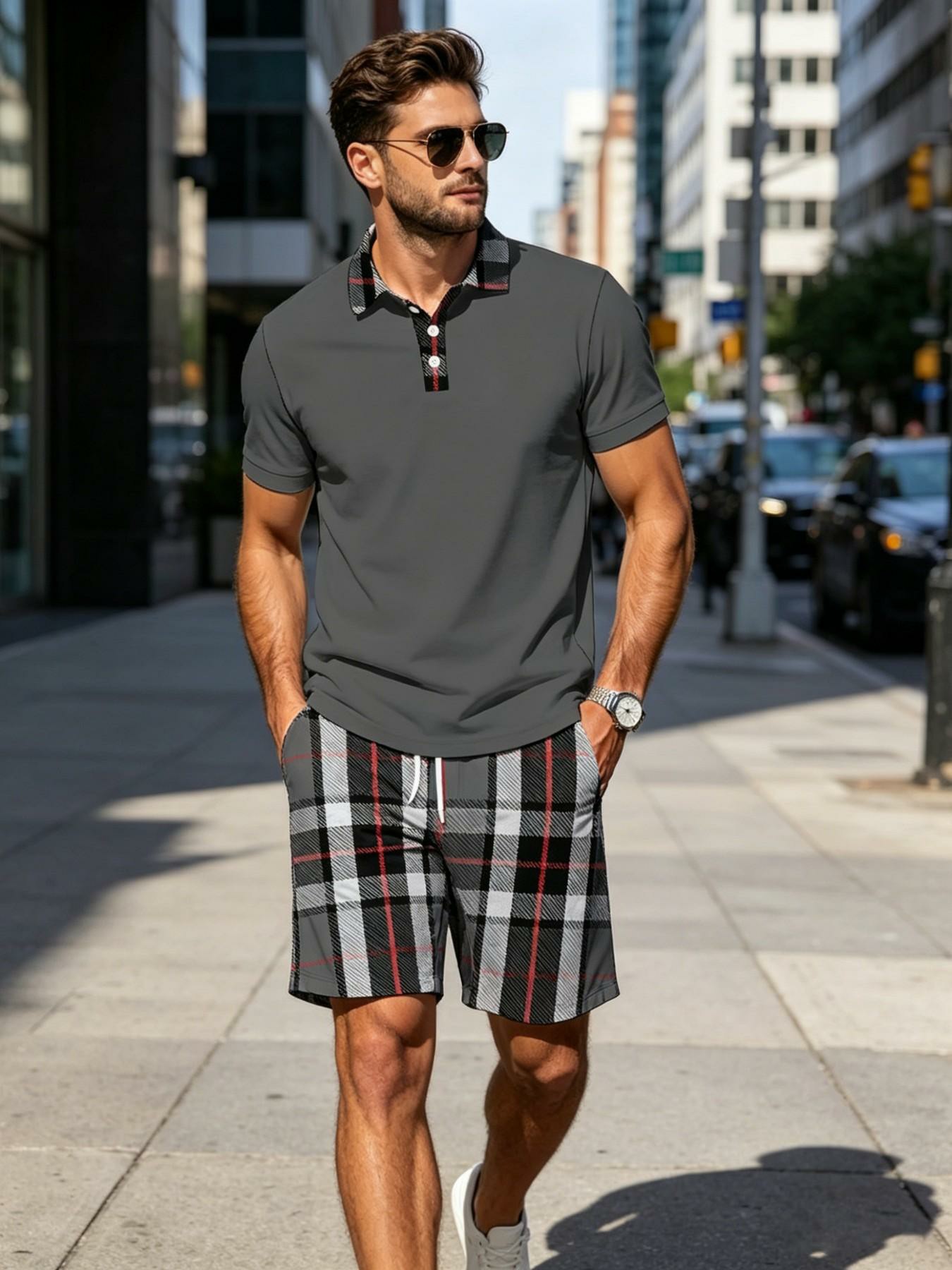 Men's Plaid Patchwork 2-Piece Summer Set – Polo Shirt & Matching Shorts, Casual Drawstring Waist with Pockets