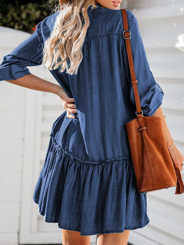 V-Neck Stitching Loose-Breasted Denim Midi Skirt