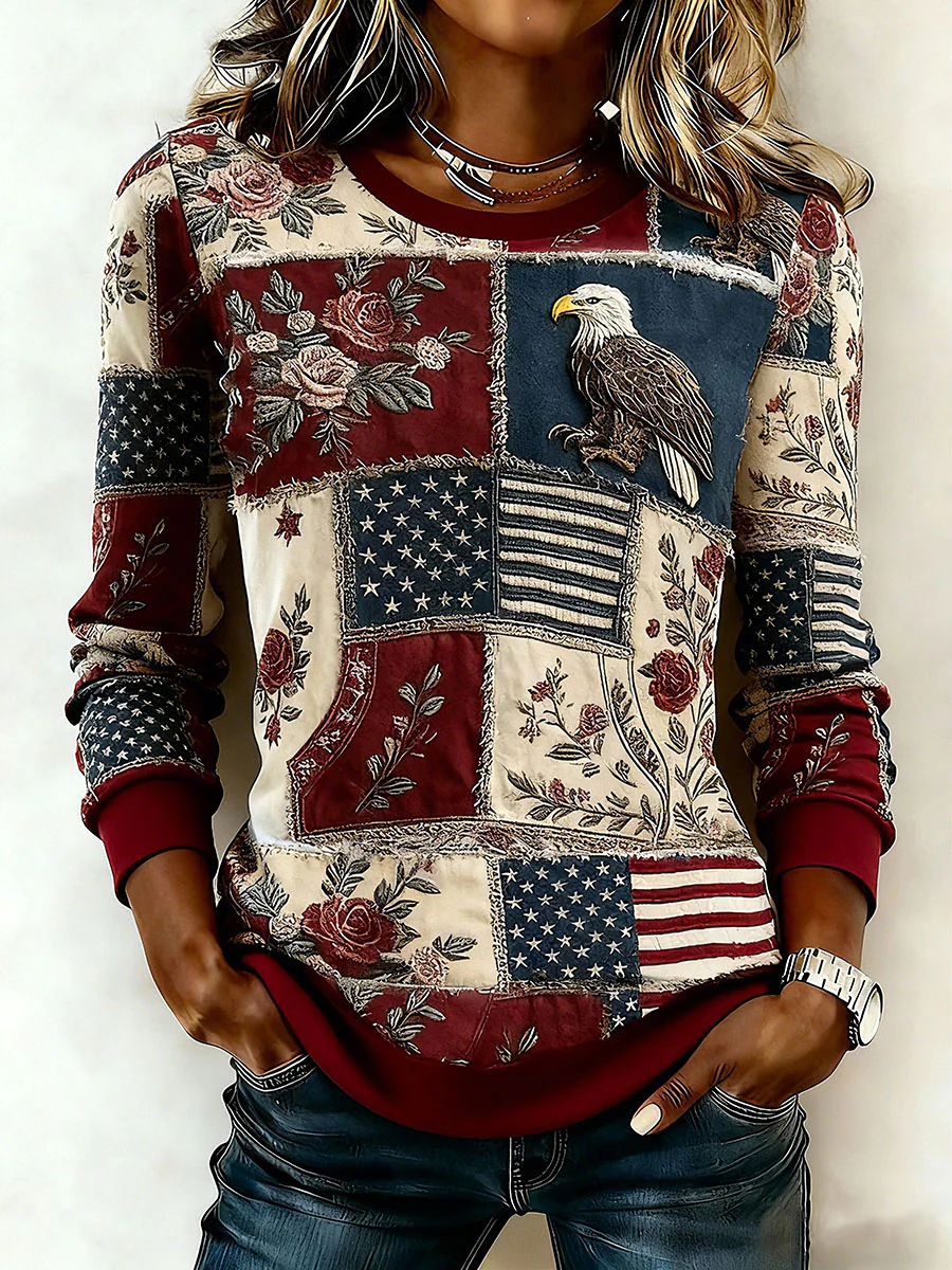 Retro Patchwork Flag Eagle Floral Print Top