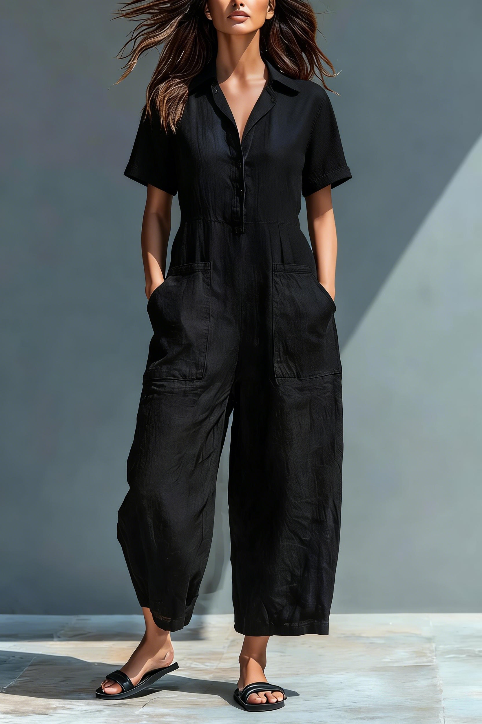Women'S Minimalist Linen Blend Button-Down Collar Short-Sleeved Loose-Fitting Jumpsuit