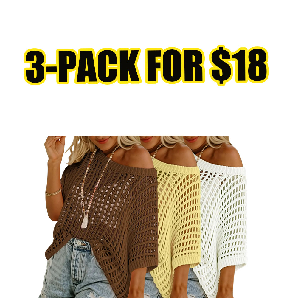 Summer Breeze Crochet Knit Top – Scoop Neck Hollow Out Short Sleeve Beach Pullover