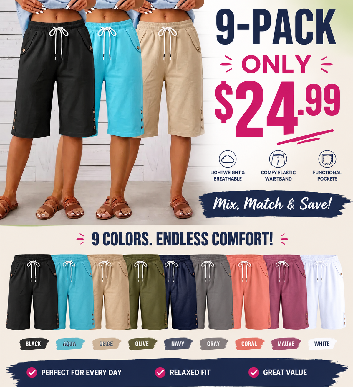 Women's Loose Bermuda Shorts – Elastic Waist with Drawstring