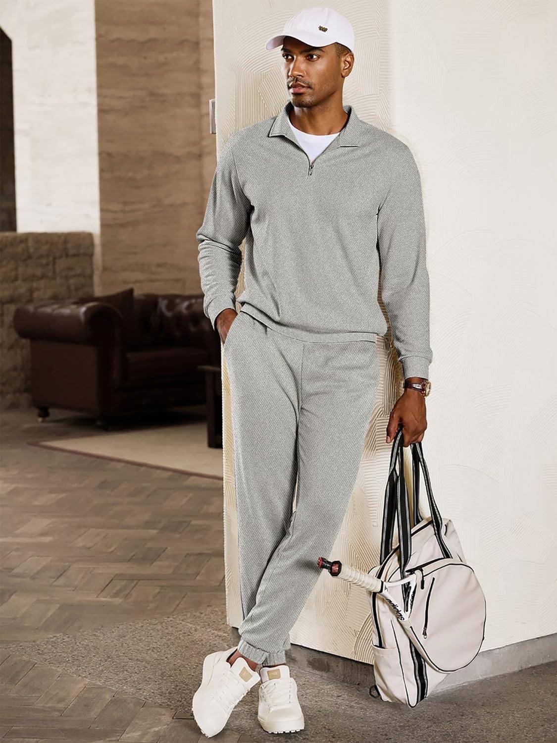 2025 Men Fall Tracksuit 2 Piece Set Old Money Polo Quarter Zip Twill Sweatsuits Jogging Sweatpants Loungewear
