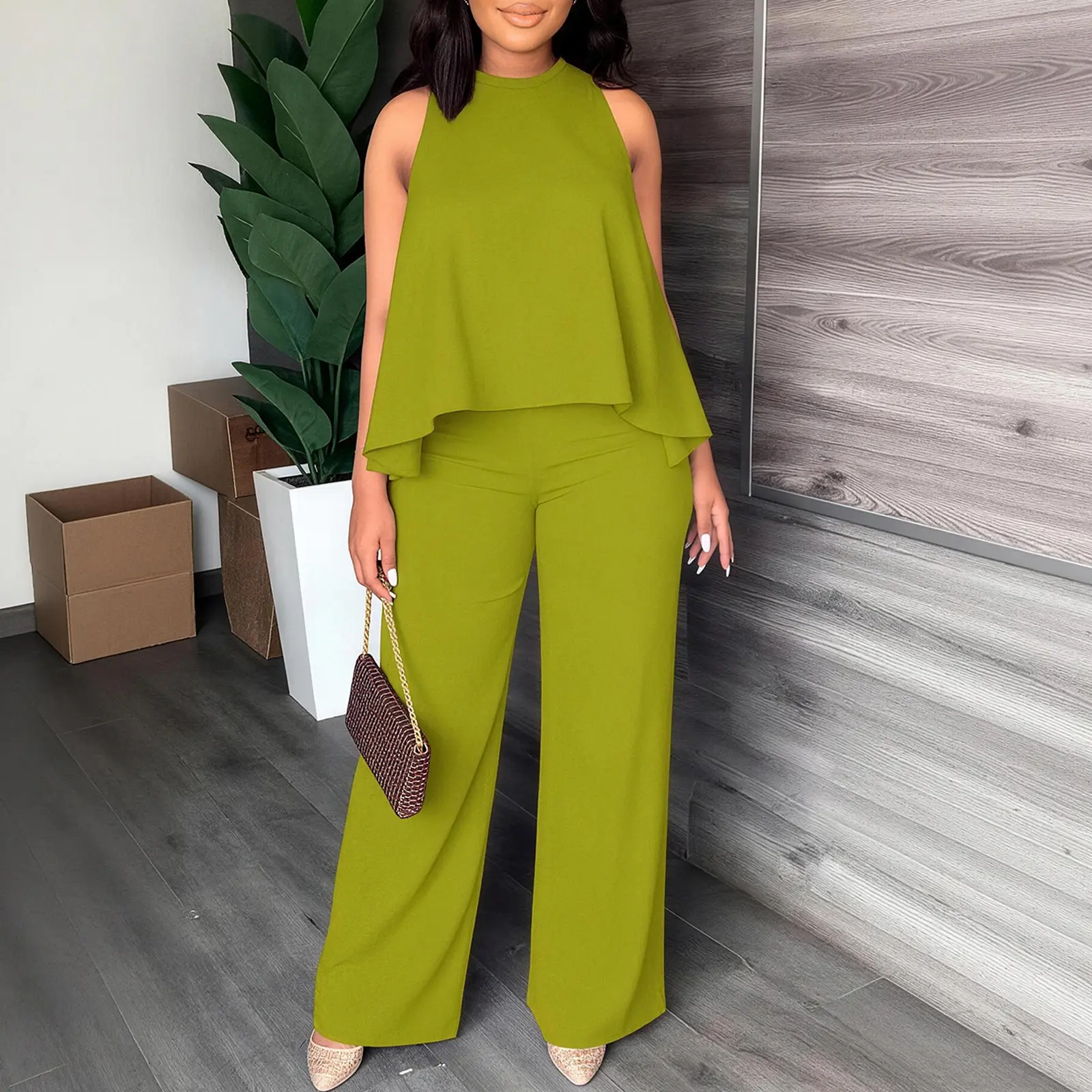 Women's Spring-Summer Set:Lightweight Flowy Halter Two-Piece with High-Waisted Wide Leg Pants–Comfortable
