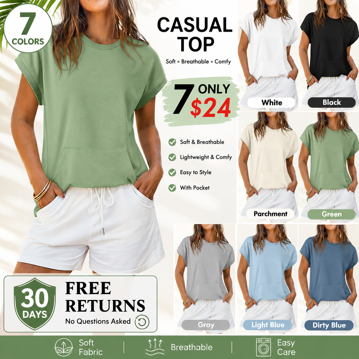 Women's Crew Neck Kangaroo Pocket Casual Pullover Tops