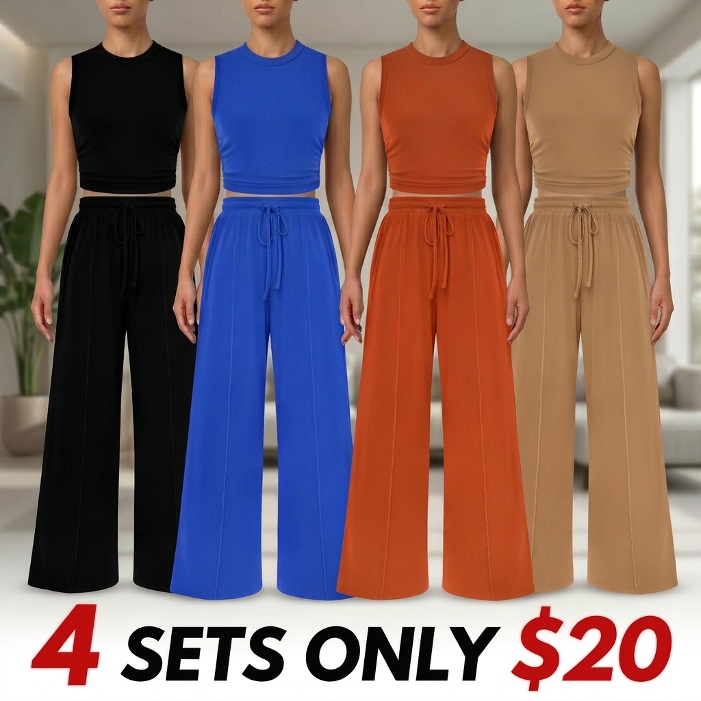 Women's Summer 2-Piece Outfits - Ribbed Knit Crew Neck Sleeveless Cropped Top & Wide Leg Pants Lounge Set