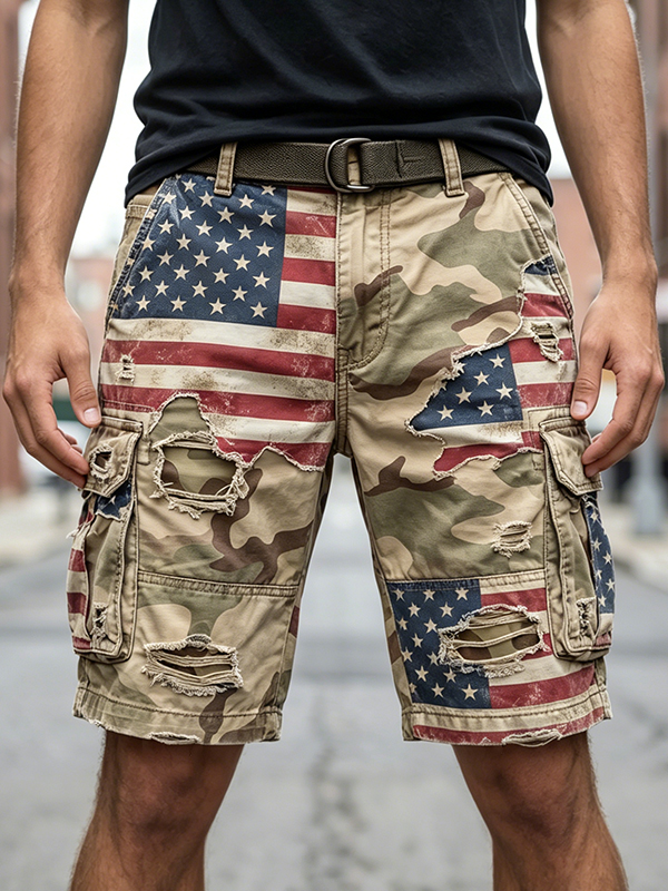Men's American Flag Retro Ripped Camo Art Print Casual Shorts