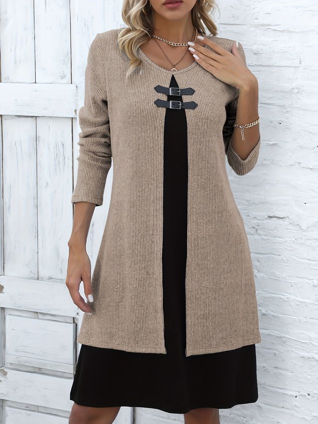 Casual Color Block Crew Neck Midi Dress