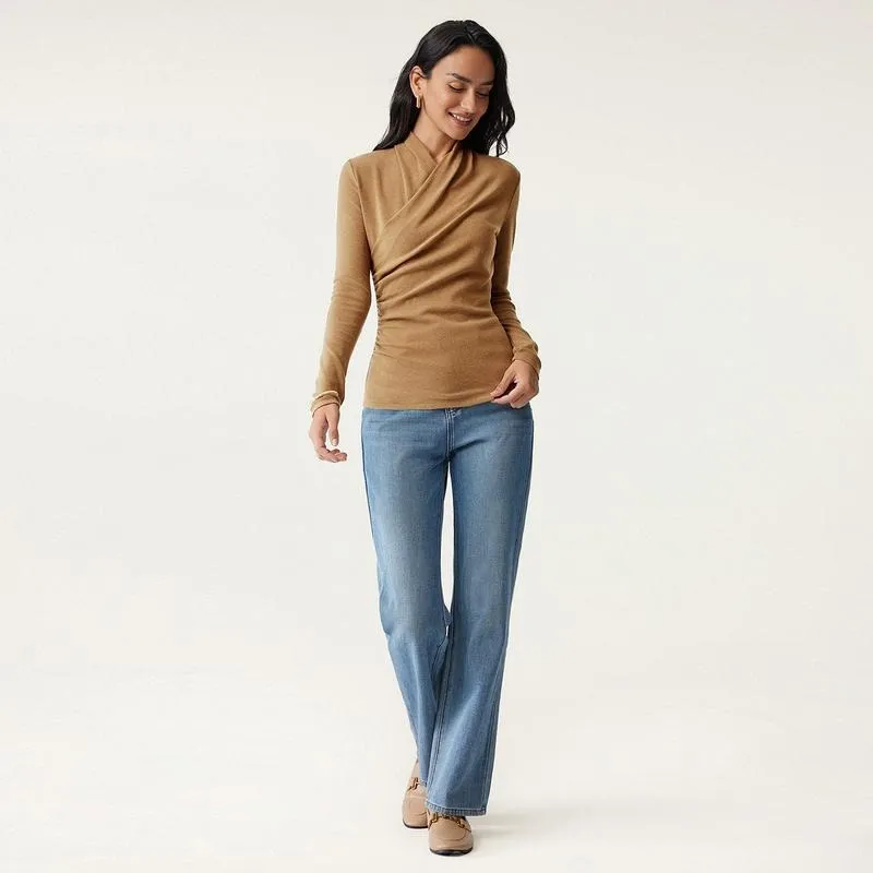 Women's cross-neck long-sleeved top