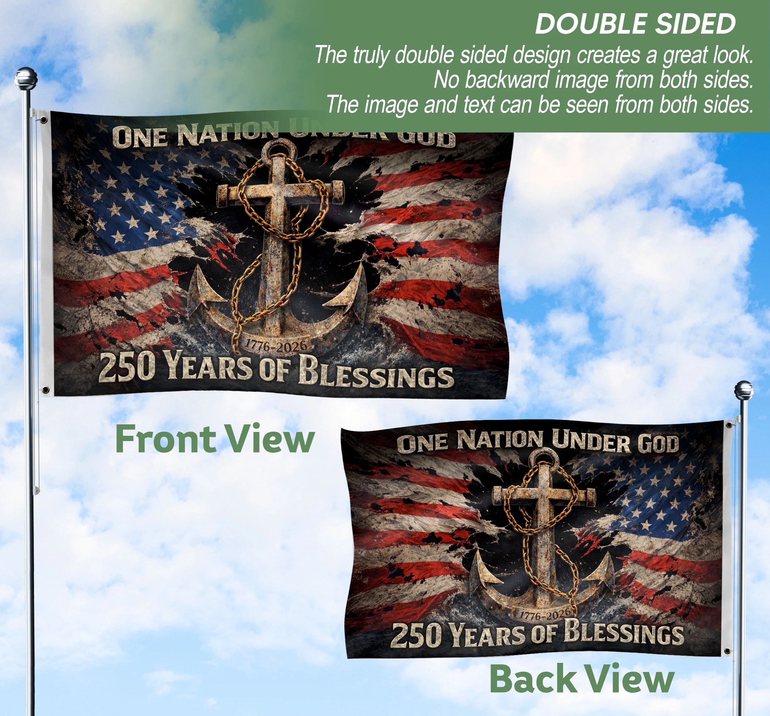 250 Years of Blessings Christian Flag 1776–2026 – Anchor Cross & Chain