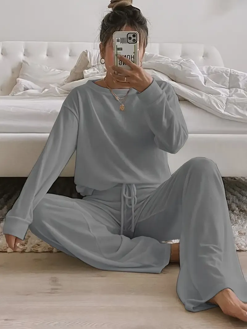 Women's Solid Casual Lounge Set, Long Sleeve Round Neck Top & Elastic Drawstring Pants, Comfortable Relaxed Fit For Fall