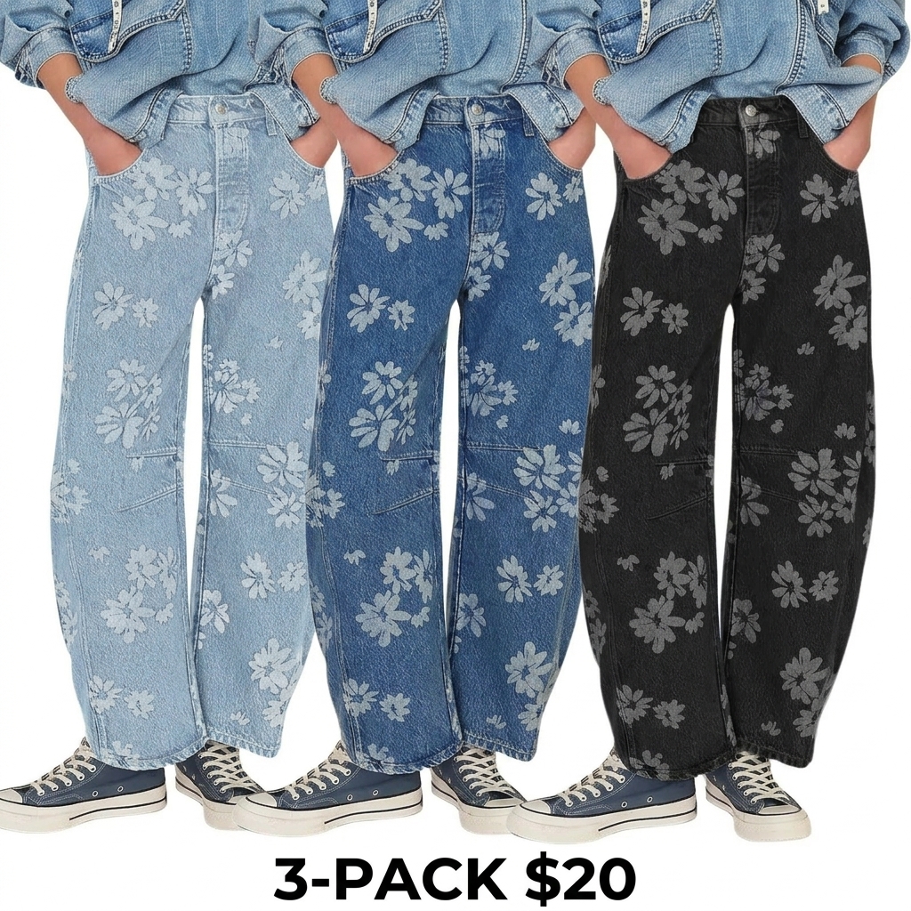 Women's Y2K Floral Printed Wide Leg Jeans – Loose Boyfriend Style Barrel Denim