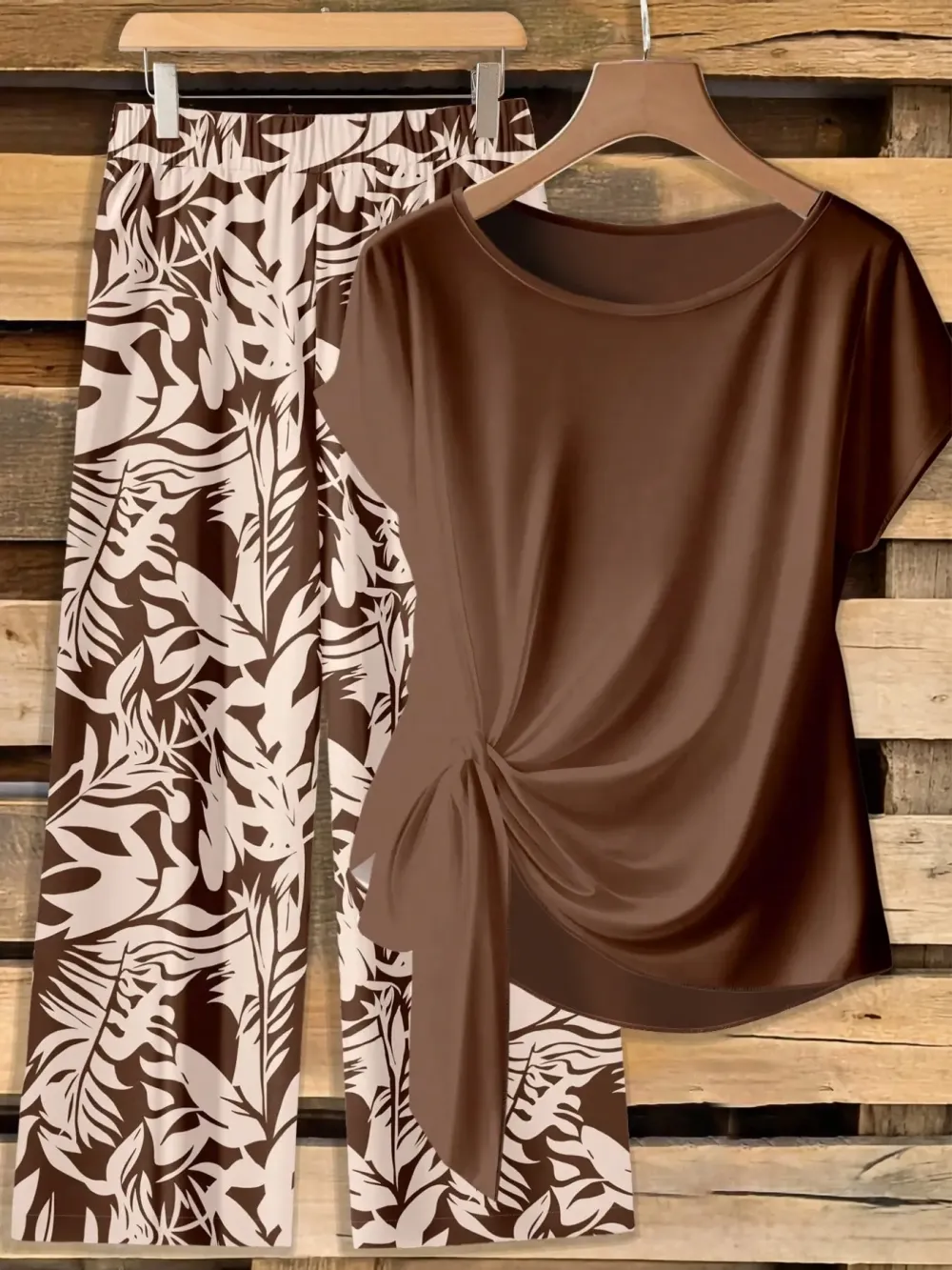 Women's Casual Printed Necktie Shirt and Loose Straight Pants Set