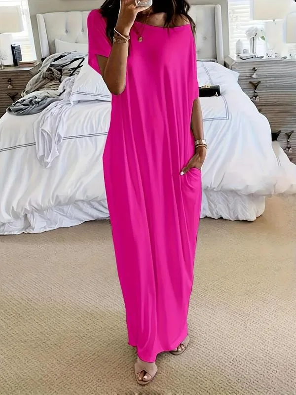 Women's Solid Color Batwing Sleeve Lounge Dress, Casual Comfy Short Sleeve Nightdress for Daily Wear