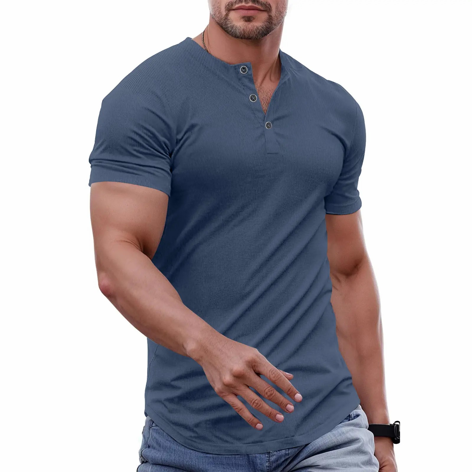Men's Slim Fit Henley T-Shirt – Muscle Fit Longline Crewneck with Button Detail, Gym & Streetwear