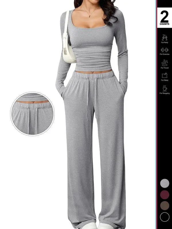 Women’s 2-Piece Lounge Set Square Neck Crop Top & Wide Leg Pants