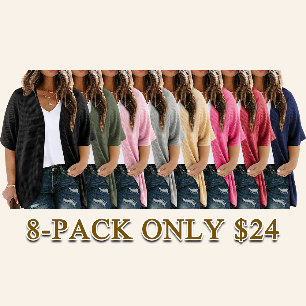 Women's Plus Size Cardigan Casual Short Sleeve Waffle Knit Kimono Open Front Tops(1X-5X)