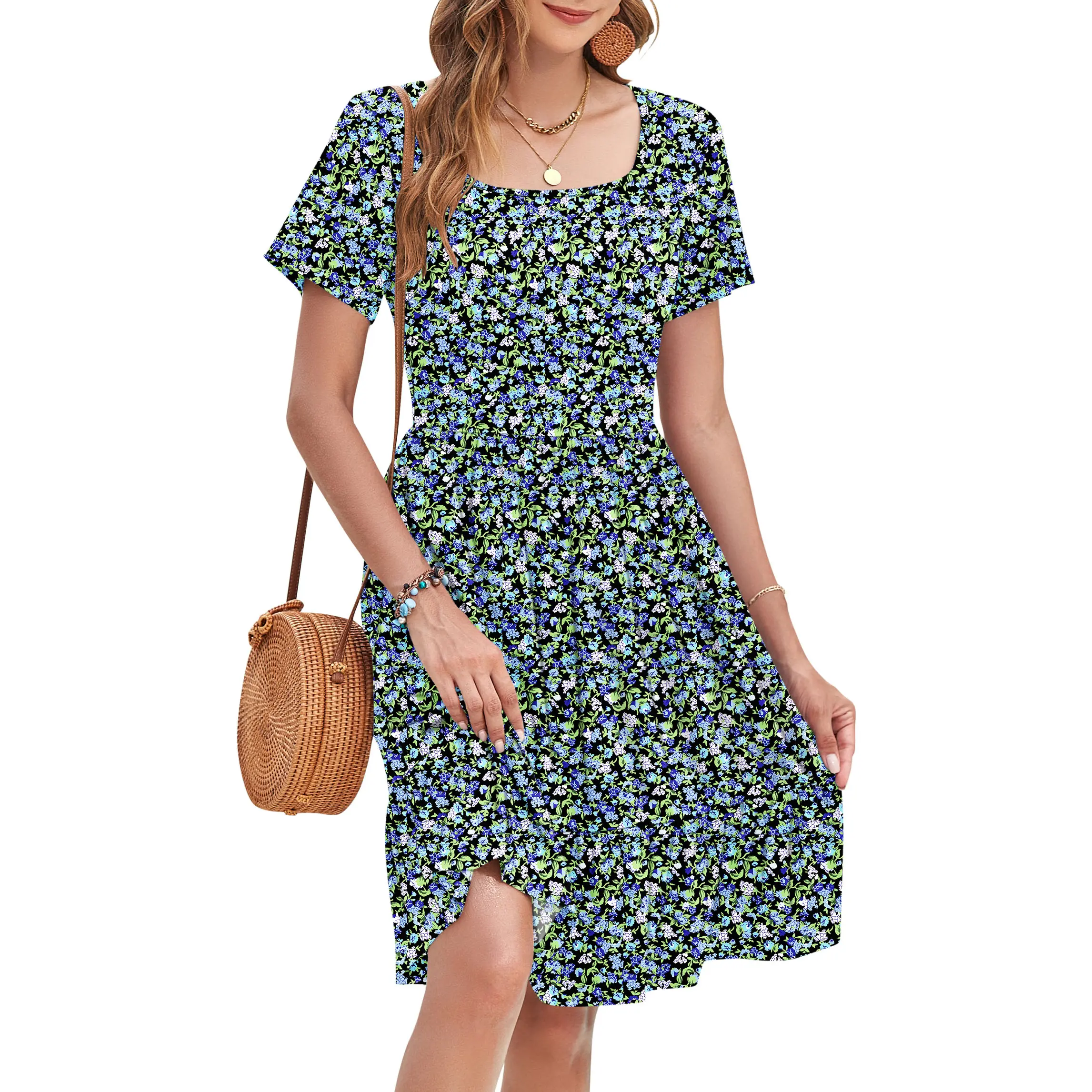 Women’s Square Neck Ruffle Summer Dress with Pockets