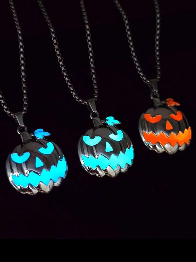 Unisex Halloween accessories luminous pumpkin pendant glowing at night ghost face necklace