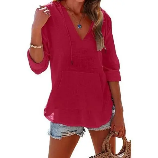 Women's 6-Pack Beach Cover Up Hoodies – Long Sleeve V Neck Pocketed Hooded Shirt Top Casual Womenswear