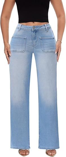 Mid-Low Rise Baggy Jeans Wide Leg for Women Distressed Pants Stretchy Bottom Lady Basic Comfortable Denim