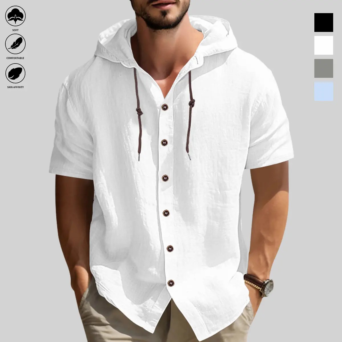 Men’s Hooded Button-Up Outdoor Shirt – Casual Long Sleeve Hiking Top