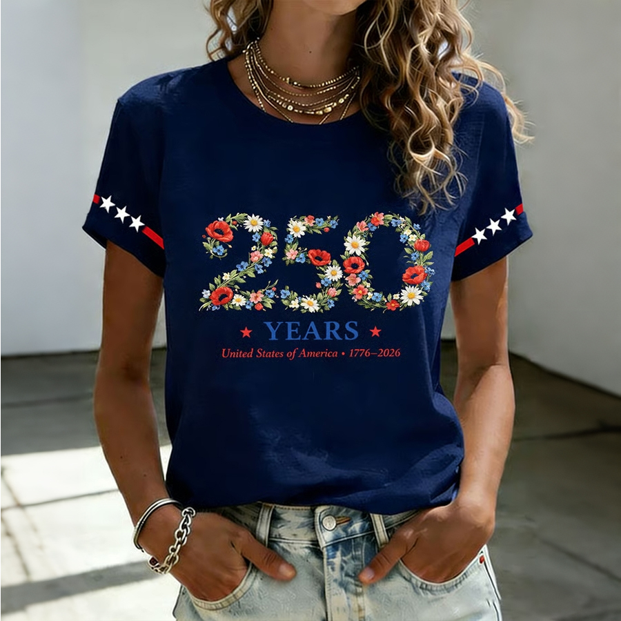 Ladies' Casual US National Day Flag Embroidered Printed Short Sleeved Round Neck T-Shirt