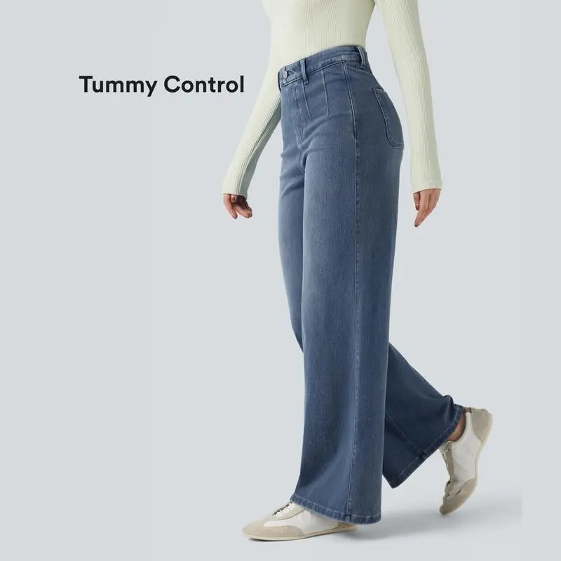 High Waisted Tummy Control Wide Leg Casual Jeans with Pockets