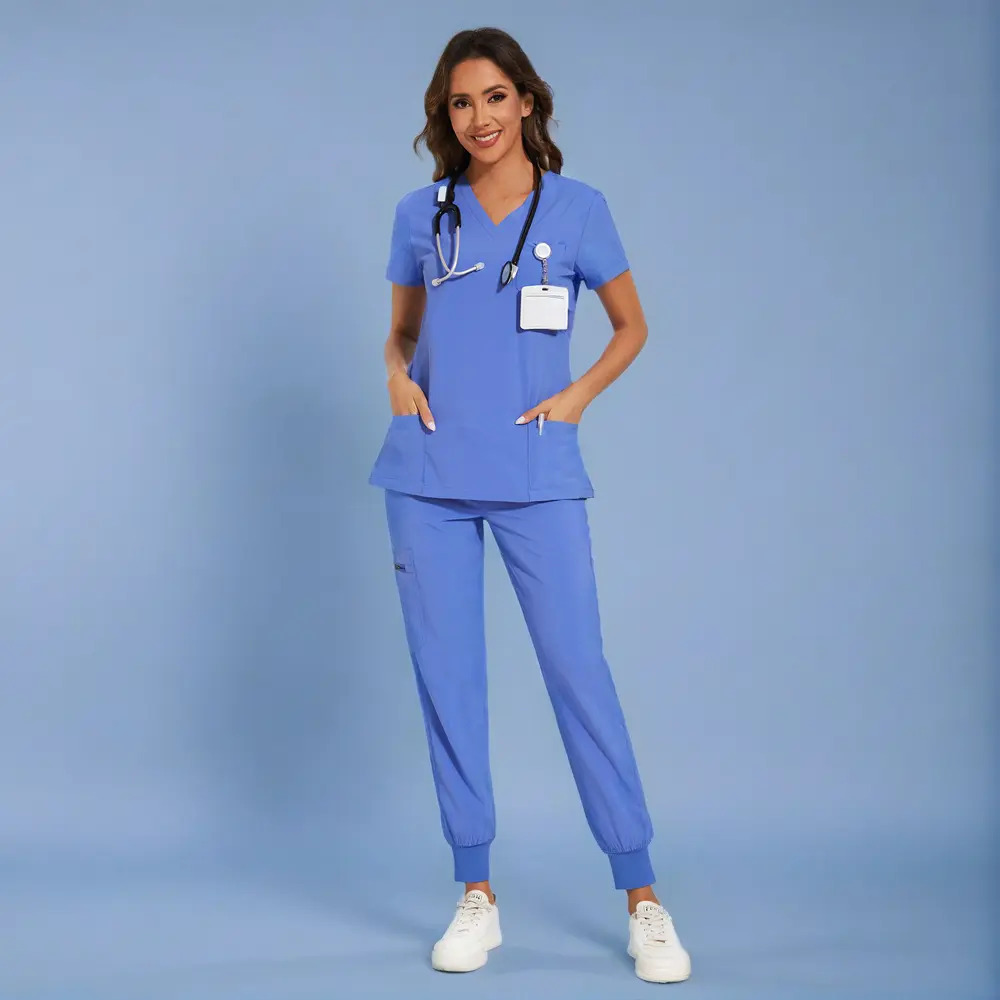 Women's Set — Stretch V-Neck Scrub Top and Jogger-Style Scrub Pants (8 Pockets)