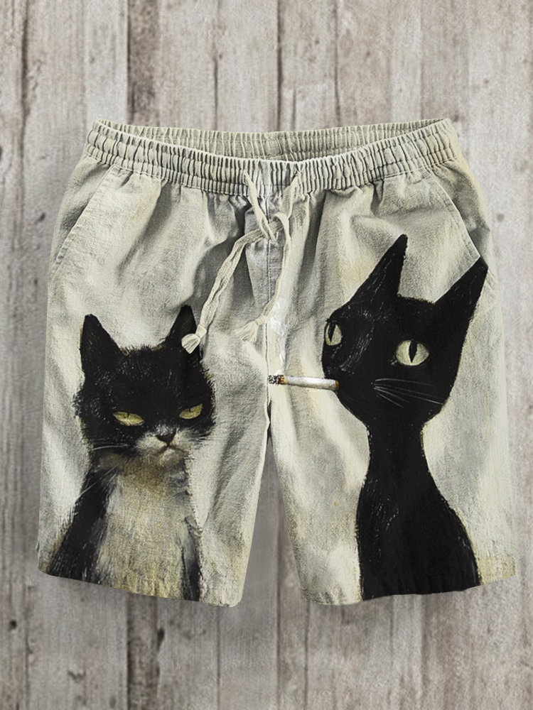 Men's Tuxedo Cat Smoking Print Casual Shorts