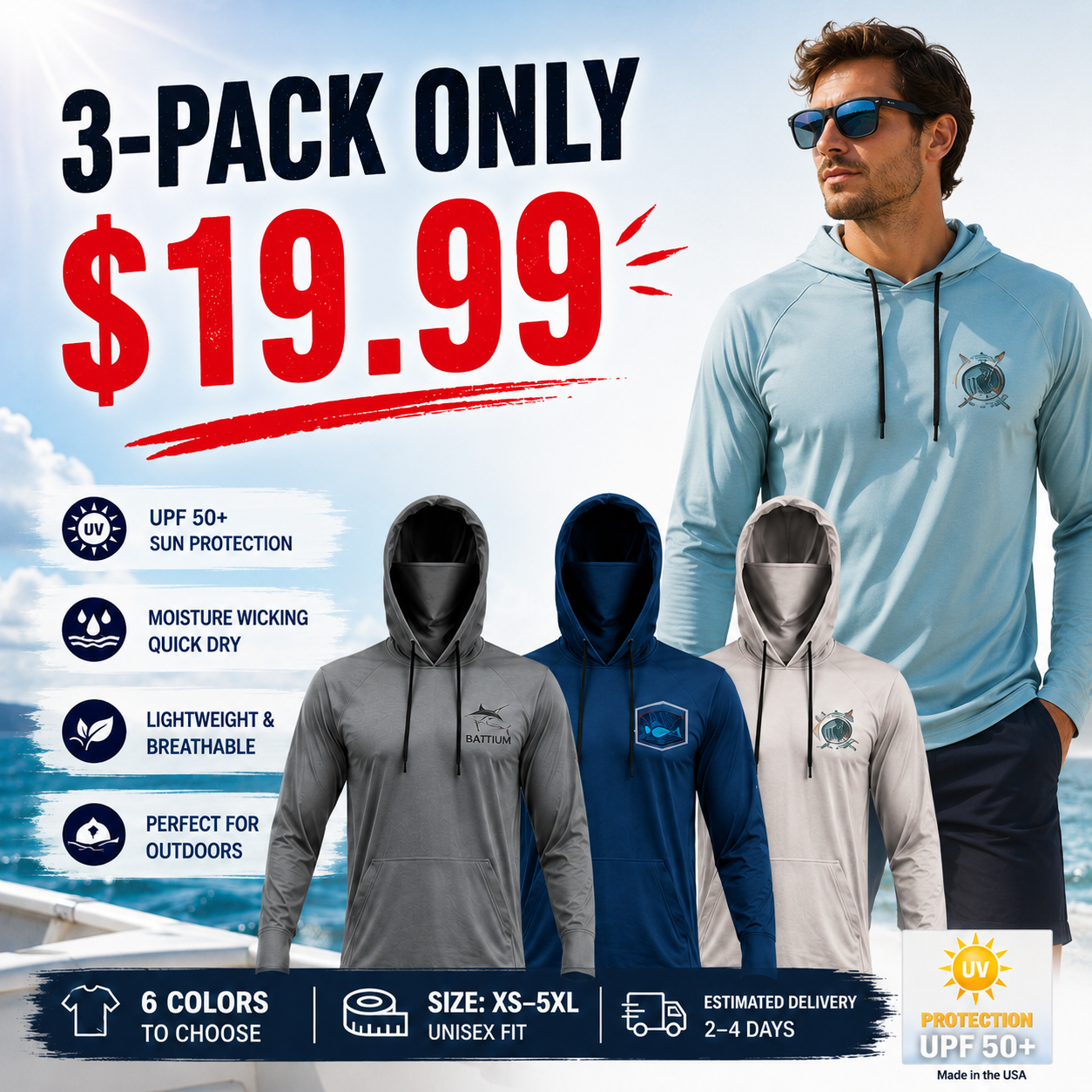 Men's Fishing & Construction Work Shirt — Hooded UPF 50 Long Sleeve (with Face Mask)
