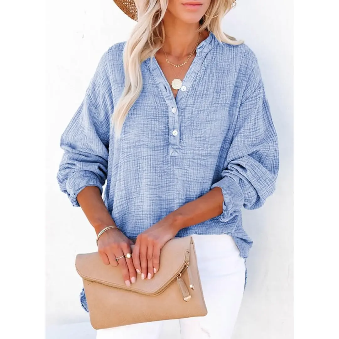 Dokotoo Women's Casual Button V Neck Long Sleeve Shirts Oversized Solid Blouses Tops 100% Cotton Boyfriend Style Loose Fit