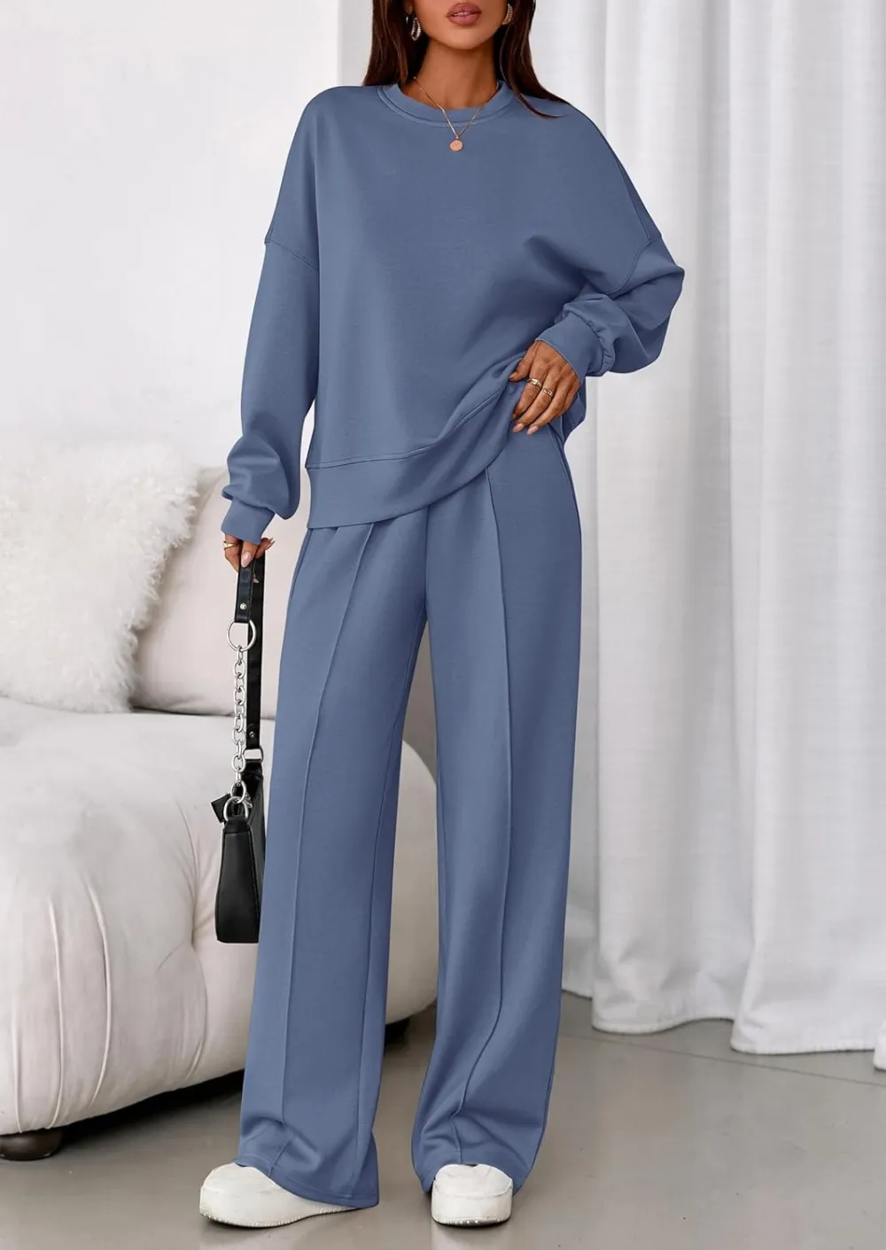 2 Piece Sets For Women Fall Trendy Long Sleeve Sweatshirt Wide Leg Pants Loungewear