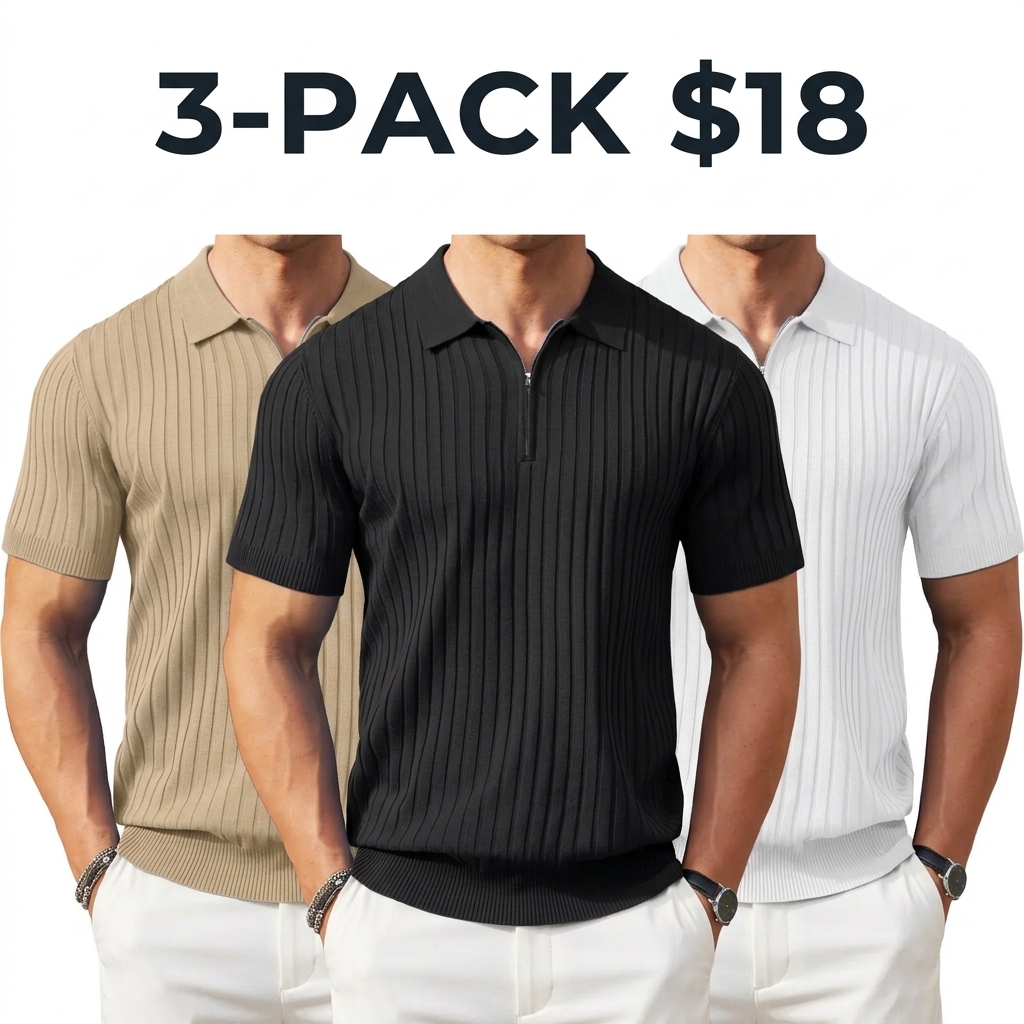 New York Fashion Week Men's Zipper Polo Shirts Short Sleeve Ribbed Knit Polo T Shirts