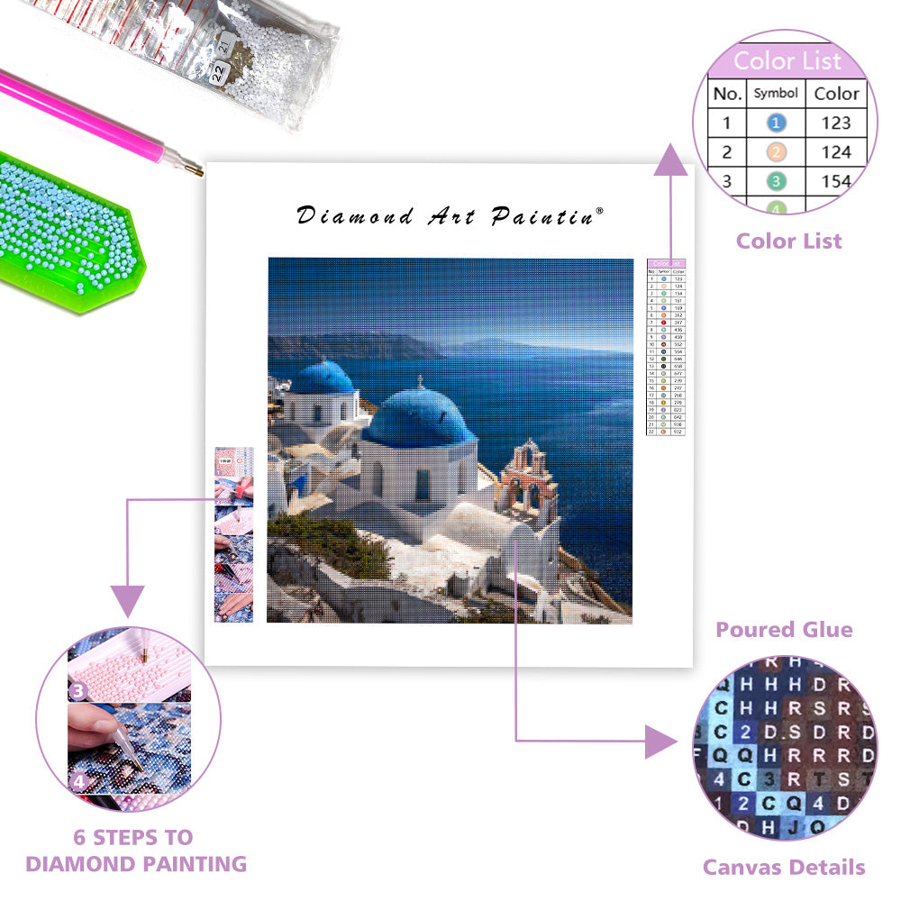Santorini Blue Dome View - Diamond Painting